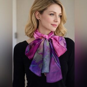 Multifunctional Pink and Purple Floral Abstract Watercolor Silk Scarf 71” x 21”